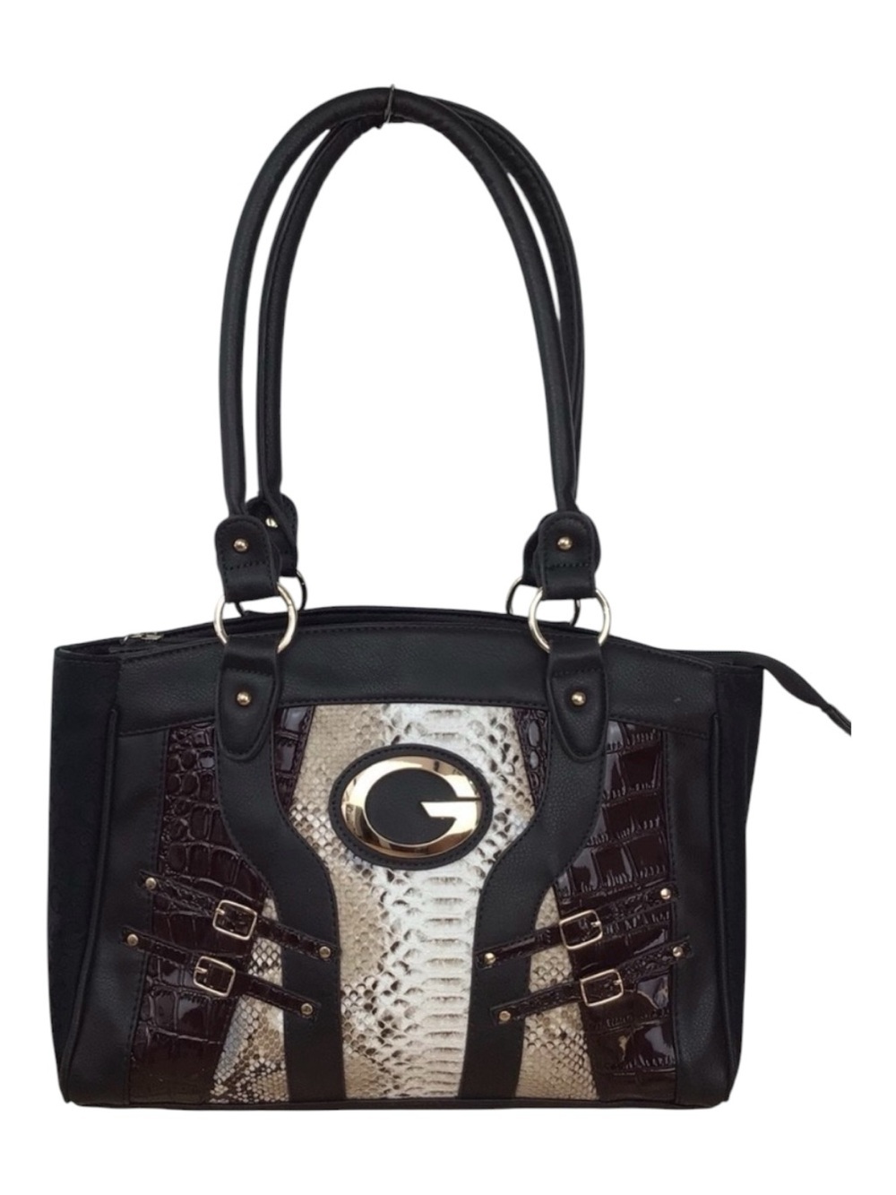 Shoulder bag black brown white snake pattern contemporary lightweight vegan purs